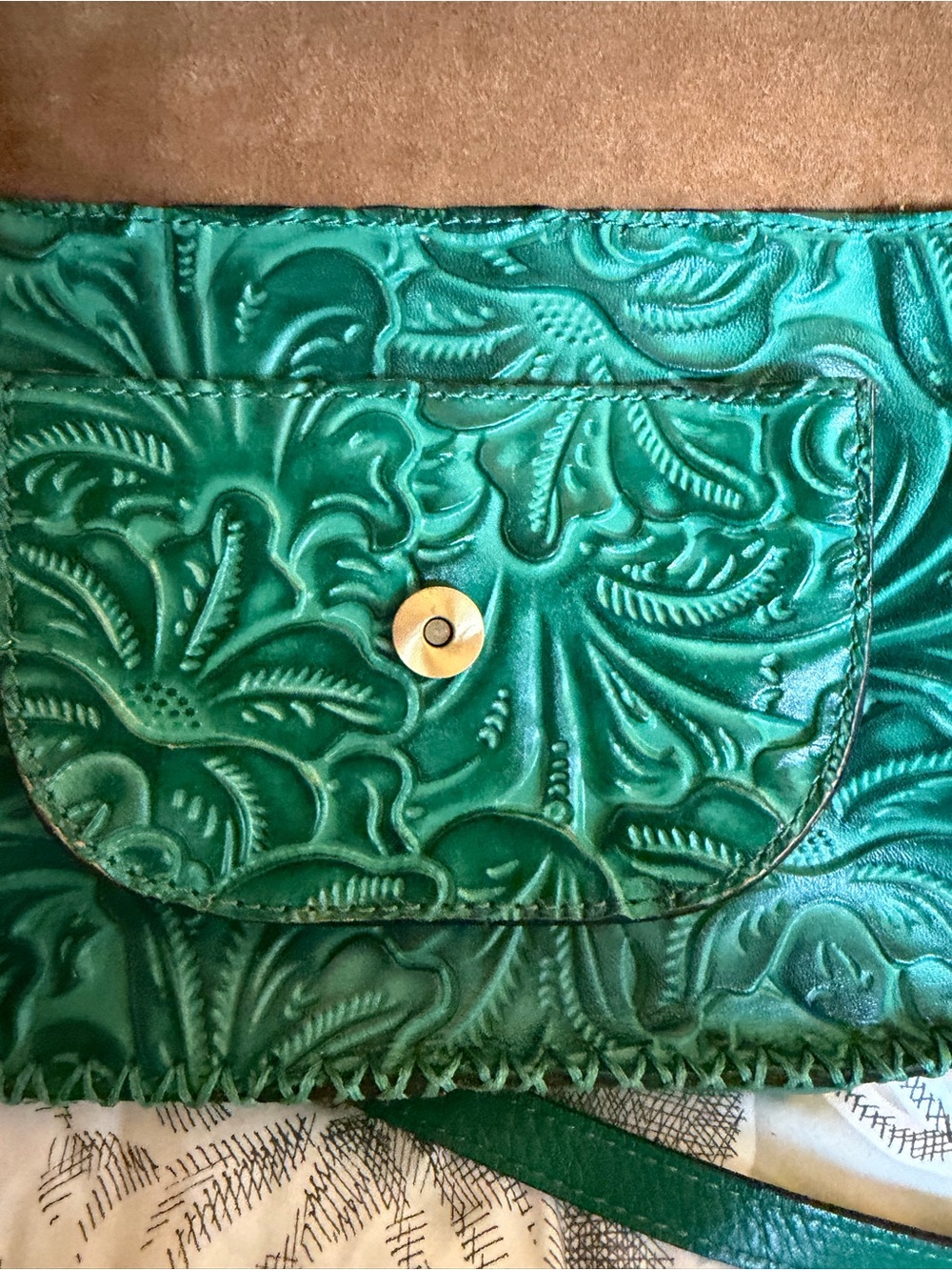 Patricia Nash Green Tooled Leather Crossbody Bag Tassel Whipstitch Boho - Picture 3 of 8